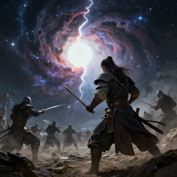 beautiful cinematic artwork of a warrior in battle staring into a cosmic rift by greg rutowski, masterpiece, 4k
