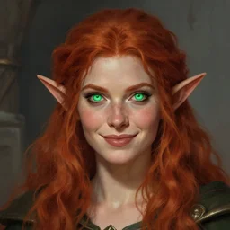 portrait of a female elf warlock, glowing green eyes, bushy red hair, freckles, smiling + medieval setting, detailed face, highly detailed, digital painting, artstation, concept art, sharp focus, illustration, art by greg rutkowski, artgerm, greg hildebrandt