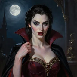 portrait brunette vampire, Captivating, regal, high society, New Tales of the Vampires character, atmospheric lighting, painted, intricate, volumetric lighting, beautiful, rich deep colors masterpiece, night time, moonlight, sharp focus, ultra detailed, by Leesha Hannigan, Ross Tran, Thierry Doizon, Kai Carpenter,Ignacio Fernández Ríos