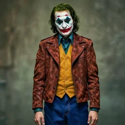 professional photograph of the joker wearing a suede leather jacket and blue jeans, 8 k, very realistic, very intricate,