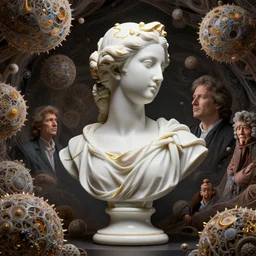 porcelain bust, elegant, gold details. fractal spheres. intricate environment, art by rossdraws, kim jung gi, peter mohrbacher, victo ngai, thomas kinkade, carl spitzweg, craig mullins. unreal engine 5, blender, octane, ray tracing, dramatic studio lighting, sharp focus, masterpiece, post processing
