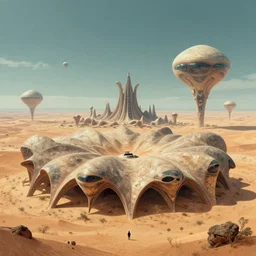 a mysterious alien desert landscape with giant fractal shell buildings by James gurney and Jim burns