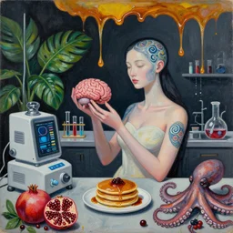 dark kitchen of an art student, portrait of a female transhuman holding a brain, feminine, organic, japanese pottery, digital medical equipment, tropical houseplants, test tubes, honey dripping from ceiling, berries dripping juice, pancakes, pomegranate, berries, octopus, scientific glassware, neo - expressionism, surrealism, acrylic and spray paint and oilstick on canvas