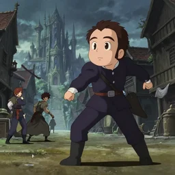 anime frames, anime visual, full body portrait of nicolas cage in the medieval city square looking at the fantasy palace in the distance, cute face by ilya kuvshinov, masakazu katsura, dynamic pose, dynamic perspective, rounded eyes, moody, kyoani, yoh yoshinari