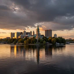 Montreal island at sunset, reflection on the river, digital photograph, hyper detailed, unsplash