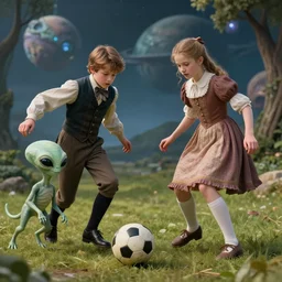 detailed, sharp, a boy and a girl, playing soccer with their pet humanoid alien, wearing 1850s era clothes, in a park on an alien planet, extremely highly detailed, hyperrealistic, highly detailed faces, 70 mm still from a period sci fi movie, 4k