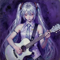 A portrait of Vocaloid Hatsune Miku playing guitar by Marc Chagall, sad, omnious, purple colors, award-winning, highly detailed palette knife oil painting, thick impasto, painterly, autochrome, pinhole, realistic lighting, chiaroscuro, very ethereal, very ethereal, silver color, dark, chiaroscuro, nacre, pastel oil inks, , paint-on-glass painting by