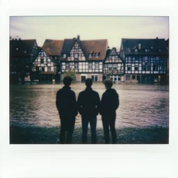 an old polaroid of the silhouette of three friends standing in front of a flooded german town, chiaroscuro, nostalgic, with a lot of sentimental value, good old memories