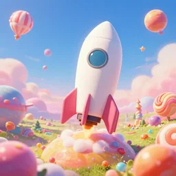 epic professional digital art of a !marshmallow rocket! landing on a cheery candy planet landscape, best on artstation, breathtaking, epic, stunning, gorgeous, much detail, much wow, cgsociety, wlop, pixiv, behance, deviantart, masterpiece