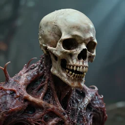 a mutated monster, skull protruding from face, drool dripping down jaw, warped flesh, dreamlike, horror, intricate detail, kodak 2383 vision color, 3d render, octane render, god rays, depth of field, trending on artstation, 4k, hd