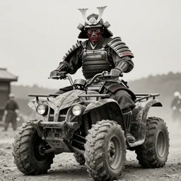 vertical movie frame with heavy furious warrior riding ancient wooden atv,  armor inspired by feudal japan and fashion, strong blooded body,  brutal blooded symmetrical face, epic,cinematic lighting, award winning, establishing shot, extremely high detail, photorealistic,  brutal, provocative , natural lighting, octane render ,old photo, vintage, black and white, sepia, old photography, documentary photography