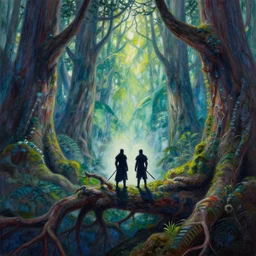 painting of the silhouette of two elven warriors in the distance, standing on a big tree root in a deep giant forest, by kev walker, acrylic washes and colored pencils, brilliantly colored painting, fantasy, trending on artstation, intricate, 8 k