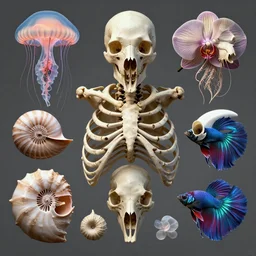 composition of human skulls, animals skulls, bones, rib-cage. jellyfish phoenix head, nautilus, orchid, skull, betta fish, bioluminiscent creatures, intricate artwork by Tooth Wu and wlop and beeple. octane render, trending on artstation, greg rutkowski very coherent symmetrical artwork. cinematic, hyper realism, high detail, octane render, 8k