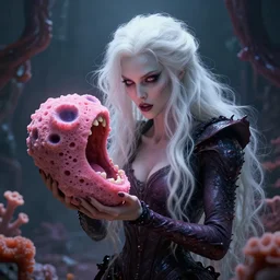 by wesley burt and basil gogos, visually stunning, cinematic, ultra realistic, hyper realism, 1 2 k, epic, octane render, unreal engine, vfx, maya, malefic woman with long white hair holding a pink object : baseborn, exocrine strange looking creature with its mouth open : sponge corals
