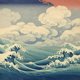 clouds and waves, an aesthetically pleasing, dynamic, energetic, lively, complex, intricate, detailed, well - designed fine art of a beach, ripples, waves, sea foam, light and shadow, overlaid with aizome patterns, shin - hanga by bob ross, traditional japanese colors, superior quality, masterpiece, featured, trending, award winning, hdr, hd, uhd, 4 k, 8 k