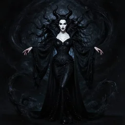 style of rafael albuquerque, john singer sargent : : gorgeous willa holland : : evil witch, swirling black magic : : symmetrical face, symmetrical eyes : : full body pose : : gorgeous black hair : : magic lighting, low spacial lighting : :