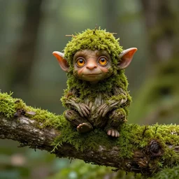 beautiful highly detailed render of a tiny forest goblin made of moss and wood, with amber eyes, perched on a mossy branch, by brian froud, fantasy, folklore, very detailed, high quality