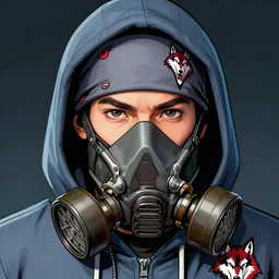 detailed conceptual close up digital art portrait illustration in moebius comic style random young guy using blue grey hoodie and grey bandana with red white black wolf combination in his right hoodie chest and gas mask