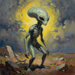 an anthromorphic alien cult, by banksy in a psychedelic style, oil on canvas