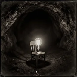 chair under an edison bulb in a infinite dark cave, by asaf hanuka, by caravaggio michelangelo merisi, by kiki smith, pinhole photography, daguerrotype, sepia, high contrast, sunken in black water, dark space, void, black hole