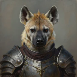 a detailed matte oil on canvas head on symmetrical portrait of a man with the head of a hyena wearing heavy armor by charlie bowater, lise deharme, wlop, trending on artstationhd, dungeons and dragons art, critical role