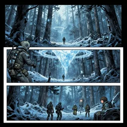 no border 3 panel graphic novel layout the temperate forest icy cryogenic tears of hyperspace loneliness futuristic small unit tactics behind enemy lines littoral combat photorealistic graphic novel layout by michael komarck, greg rutkowski, victo ngai, artgerm, willem claesz heda and j. dickenson roger deakins john seale syd mead
