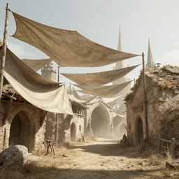 post - medieval village, silk tarps hanging, dry archways and spires, light dust, by peter mohrbacher dan mumford craig mullins nekro, cgsociety, pixiv, volumetric light, 3 d render