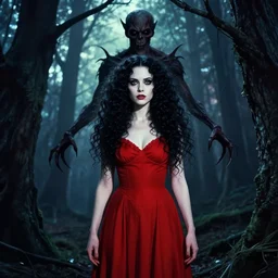 in the style of artgerm, full body, pretty alyson hannigan, evil dead demon, evil dead movie, red dress, symmetrical eyes, symmetrical face, artgerm, long curly black hair, trees, forest, branches, cinematic lighting, evil dead creature, scary, artgerm