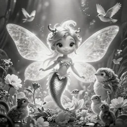 magical illustration of ethereal fantasy creature, beautiful fairie, mermaid, female portrait with flowers, whimsical big - eyed character accompanied by animals and birds, light greyscale, directed by walt disney