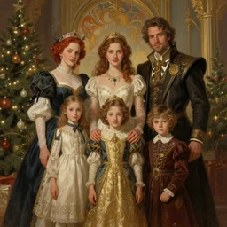 family portrait at christmas, deep focus, d & d, fantasy, intricate, elegant, highly detailed, digital painting, artstation, concept art, matte, sharp focus, illustration, hearthstone, art by artgerm and greg rutkowski and alphonse mucha