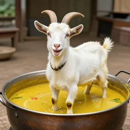 a joyful whole goat standing in a big pot of curry