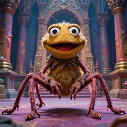 a high quality photo of a strange insectoid muppet god with furry fuzzy body and many segmented legs and hypnotic eyes, a muppet temple in the background, absurdist fantasy, sharp focus, vibrant, vivid, symmetry, highly detailed, cinematic, intricate lines, concept art by giger, lisa frank, beksinski, emil melmoth