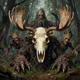 hyperdetailed art nouveau portrait of treebeard and old groot as a cthulhu eyeball moose skull wendigo swamp thing creatures, by michael kaluta, pushead and bill sienkiewicz, photorealism, claws, skeleton, antlers, fangs, forest, wild, bizarre, scary, lynn varley, lovern kindzierski, steve oliff