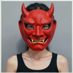 detailed 6 0 0 mm realistic photography of asian girl with big eye, with black tank top wear red demon mask focuses on the nuances of the human face and subtle shifts in tonal value, silhouette composition, neutral, cool - toned palette, fluid patterns, powerful composition, opaque paints, grid method paint.
