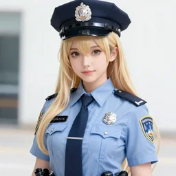 a beautiful woman wearing police uniform, blonde, long hair, pixiv, hyperrealistic