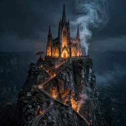 a glowing crypt on a sharp cliff face and winding stairways into an gothic cathedral of hell, billowing swirling incense smoke