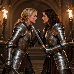 close portrait charlize theron fighting with kate beckinsale, face to face, medieval weapon, sparks, particles, moving, fullplate armor, fantasy tavern background, dnd fantasy art by greg rutkovski, torchlight