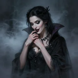 Demonic beautiful vampire woman mistress of death mourning widow subtly clothed in fog smoke clouds with a faint smile dark lipstick obsidian jewellery fangs and claws, colourful trending artstation, detailed portrait academic caravaggio Bouguereau, sharp focus medium shot