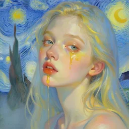portrait of a beautiful girl, liquid honey dripping over face, intimate, pastel shades of blue and yellow, beautiful face, rule of thirds, spotlight, expressive, passionate, by greg rutkowski, by jeremy mann, by francoise nielly, by vincent van gogh, digital painting