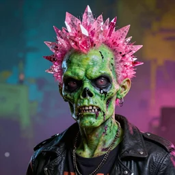 ultra realistic portrait of a punk rock zombie with green skin and pink crystalline hair, multicolored background, vivid colors, dramatic lighting, intricately detailed, photorealistic, well composed, unreal engine