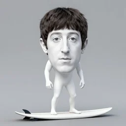 the white painted face of Marc Zuckerberg with a very very very very very very large Beatles hair bowl cut standing on a surfboard