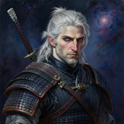 demon ciri from the witcher dressed as a samurai, in the background you can see the universe. by Daniel F. Gerhartz, hyperrealistic oil painting, 4k, studio lightning, very detailed face