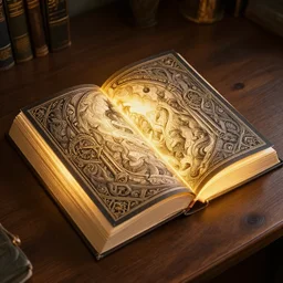 a glowing open book laying on a wooden desk, fantasy concept art, fantasy book cover, highly detailed, intricate drawing