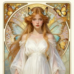 portrait of a ethereal magical transcendental young butterfly fairy princess wearing a white robe, d & d, fantasy, intricate, elegant, highly detailed, digital painting, artstation, concept art, smooth, sharp focus, illustration, art by artgerm and greg rutkowski, maxfield parrish and alphonse mucha, new art nouveau, tarot card