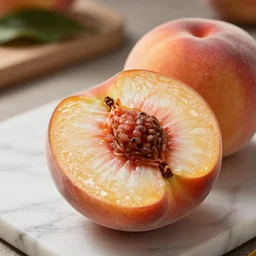 low angle extreme close up of a very juicy peach cut in half on a marble cutting board in a kitchen. warm studio lighting, 8 k, 4 k, high quality