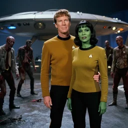 a photo of a Starfleet starbase overrun with zombies, Captain Kirk still manages to get the babe with the green skin