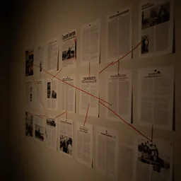 a wall decorated with conspiracy theory. red line connecting papers. dimmed light