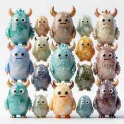 many cute monsters, made of gemstone + mineral pigment, highly detailed, 4 k,