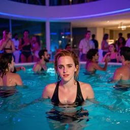 a photo of a drunk emma watson having fun in a pool party filled with people in a modern indoors pool with cyberpunk illumination at night.