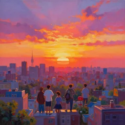 an amazing beautiful detailed painting of a sunset over a cityscape. the colors are very vibrant and the view is stunning. vibrant colors, very funny, personal, positive, visually pleasing, engaging and contains humans. high resolution. high quality. hq hd. trending on artstation.